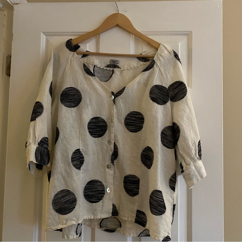 Symple NYC White and Black Polka Dot Linen Blouse | XL